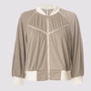 front view of the lauren bomber in taupe by inlarkin showing the sparkle knit and front piping detail