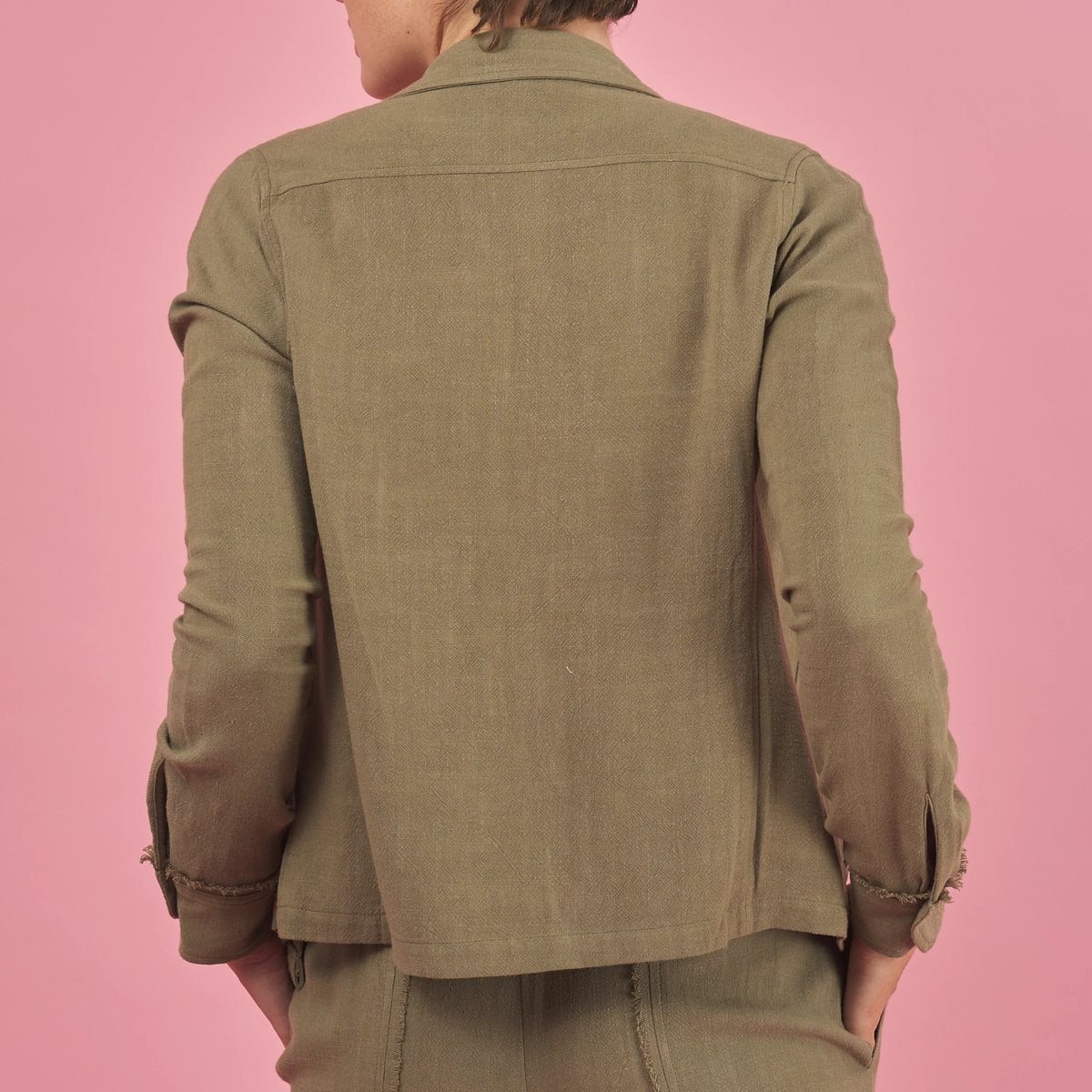 linen fray shirt in sage green by inlarkin back view