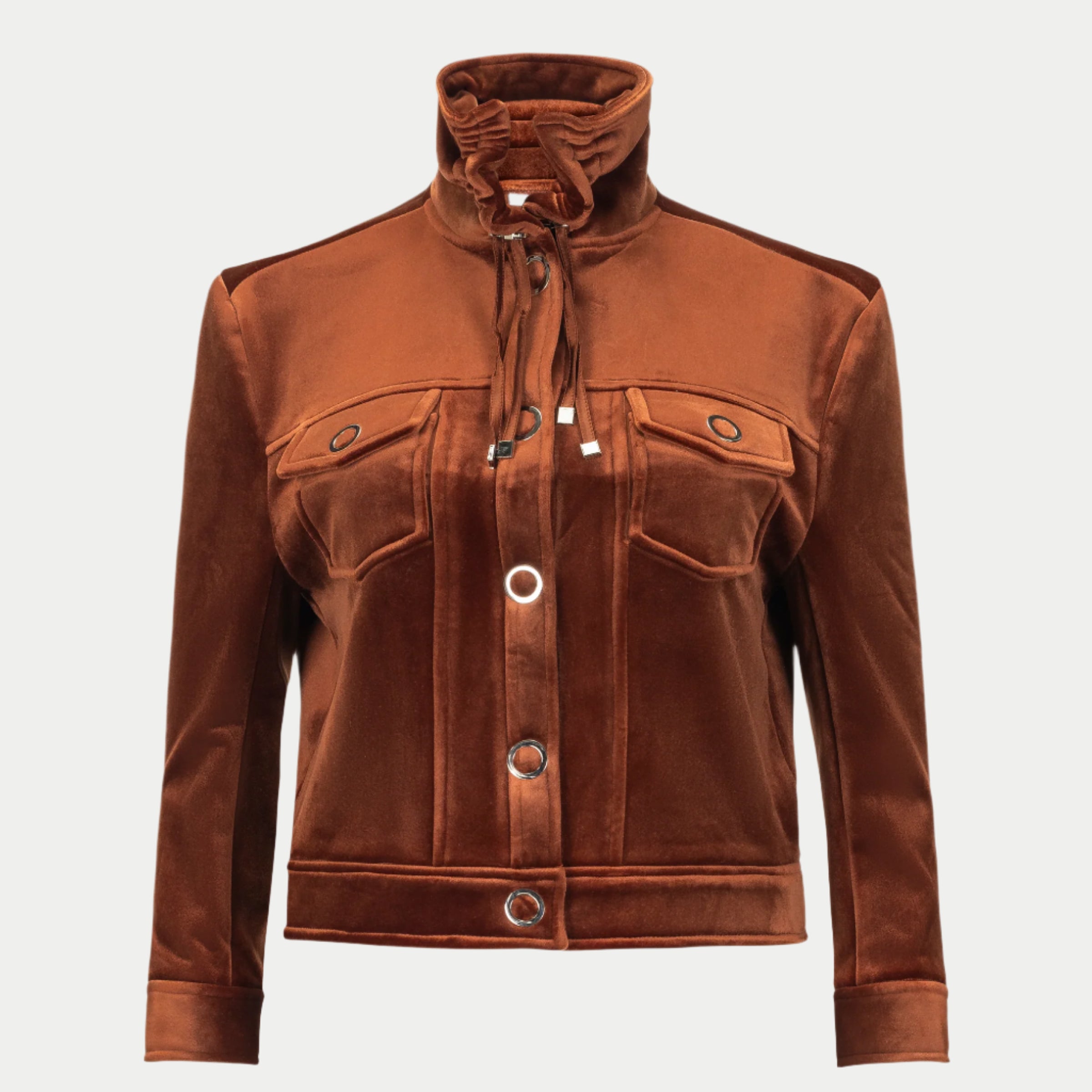 Lucy Jacket by inlarkin in copper with large signature punch snaps, sateen cord, drawstring collar and chest pockets, front view with collar cinched