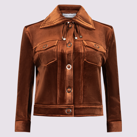 Lucy Jacket by inlarkin in copper with large signature punch snaps, sateen cord, drawstring collar and chest pockets, front view