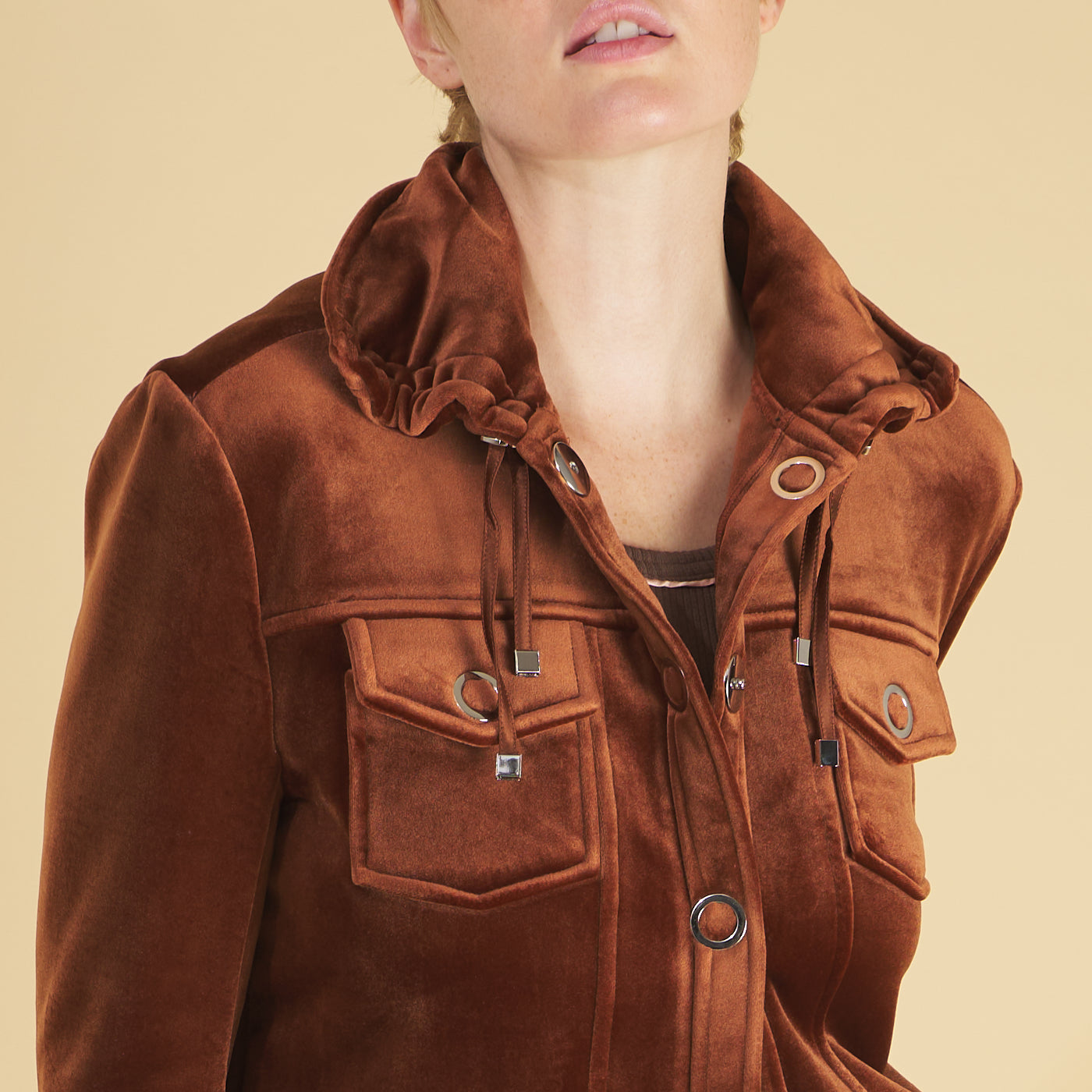 the lucy jacket by inlarkin featuring the adjustable drawstring collar with sateen cord and silver cord endings