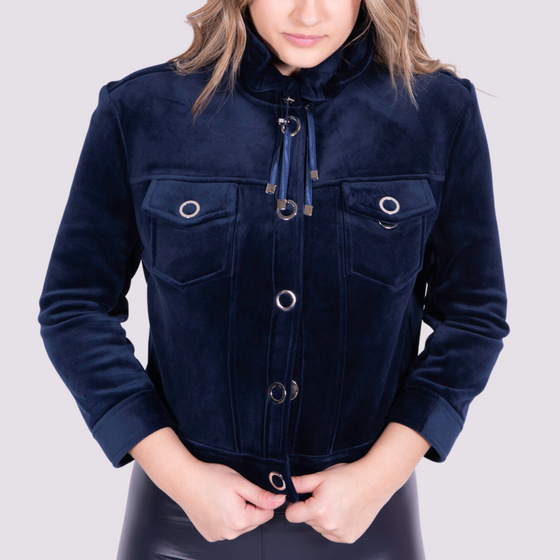 Lucy Jacket by inlarkin in midnight with large signature punch snaps, sateen cord, drawstring collar and chest pockets, front view