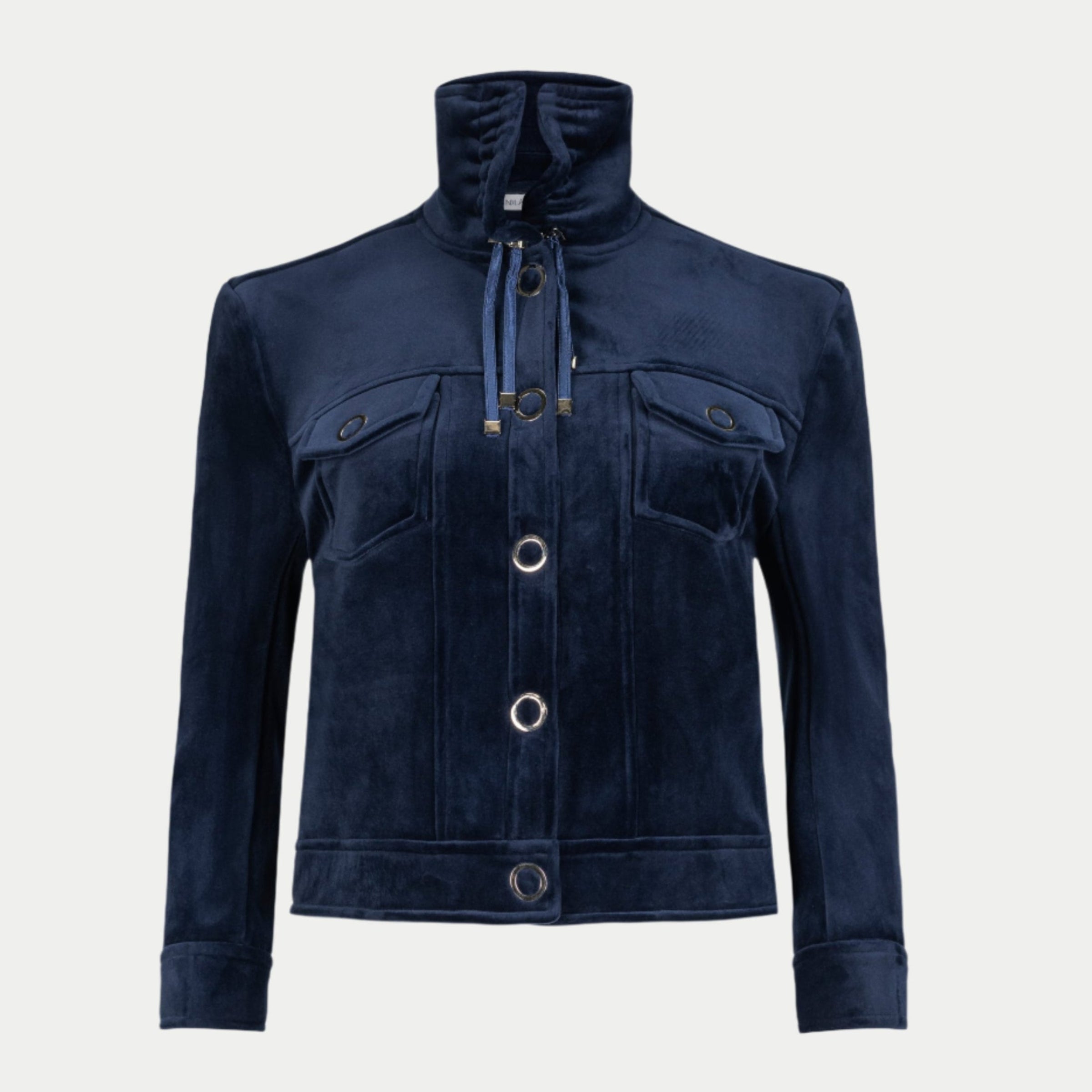 the lucy jacket in midnight by inlarkin front view featuring the funnel neck and signature punch snaps