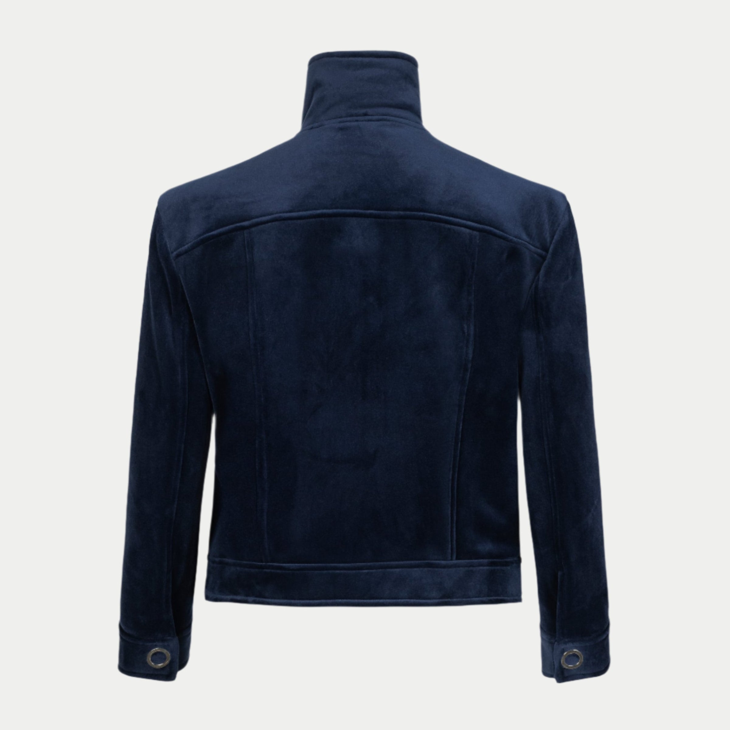 the lucy jacket by inlarkin in midnight back view showing the back detailed waistband and shoulder seam