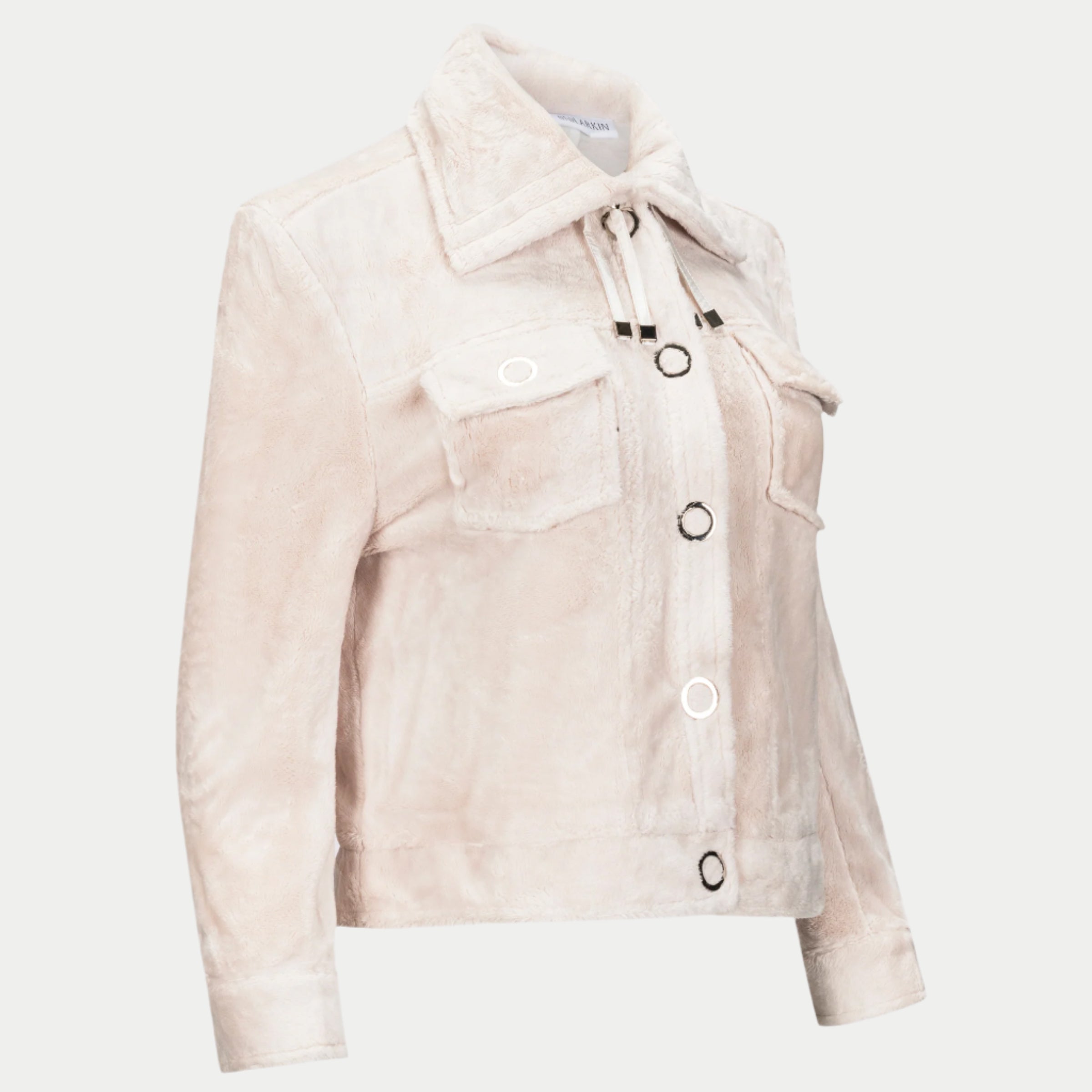 Lucy Jacket by inlarkin in vanilla with large signature punch snaps, sateen cord, drawstring collar and chest pockets, front angled detail view