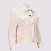 Lucy Jacket by inlarkin in vanilla with large signature punch snaps, sateen cord, drawstring collar and chest pockets, front angled detail view
