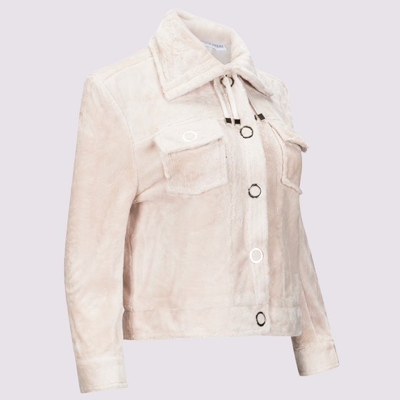 Lucy Jacket by inlarkin in vanilla with large signature punch snaps, sateen cord, drawstring collar and chest pockets, front angled detail view