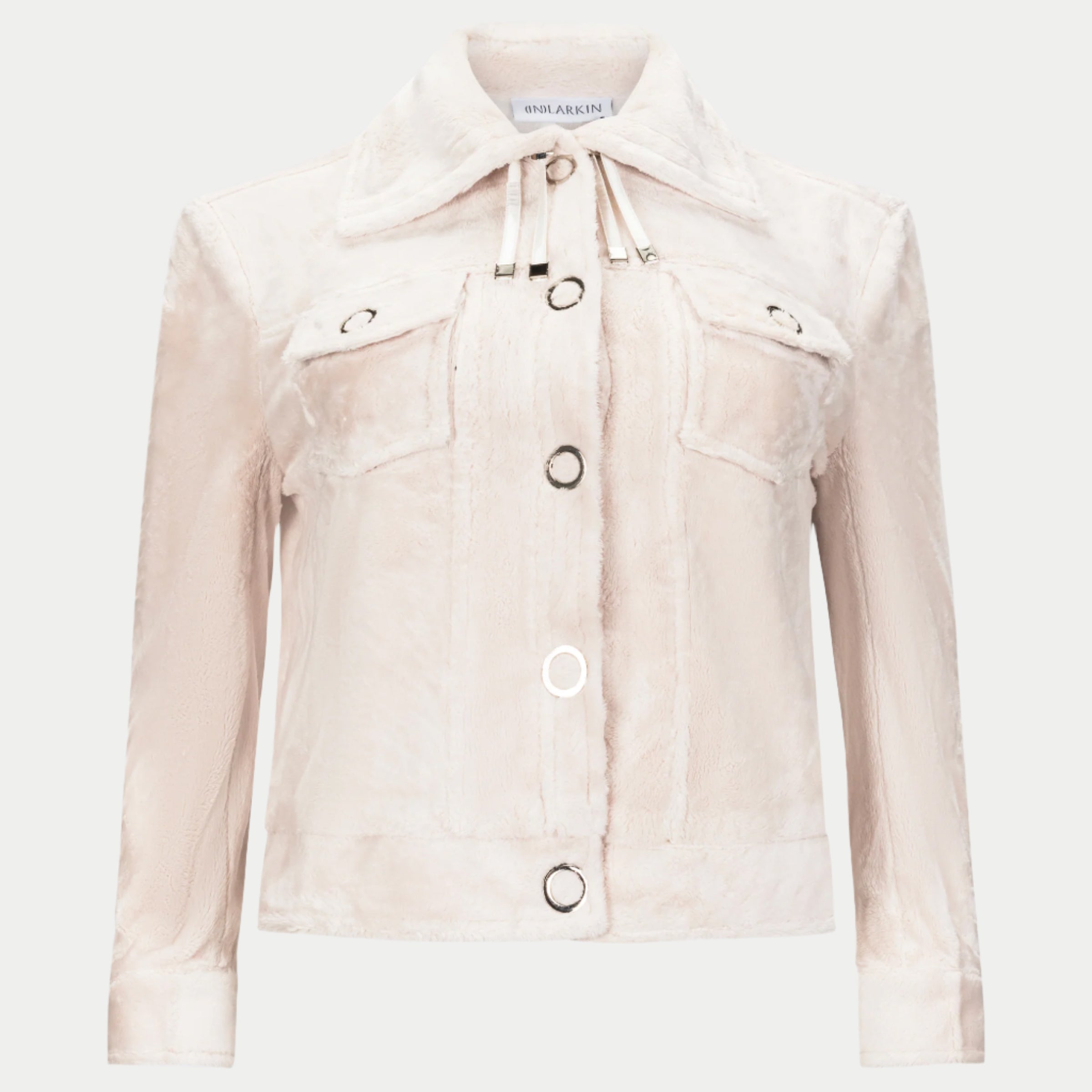 Lucy Jacket by inlarkin in vanilla with large signature punch snaps, sateen cord, drawstring collar and chest pockets, front view