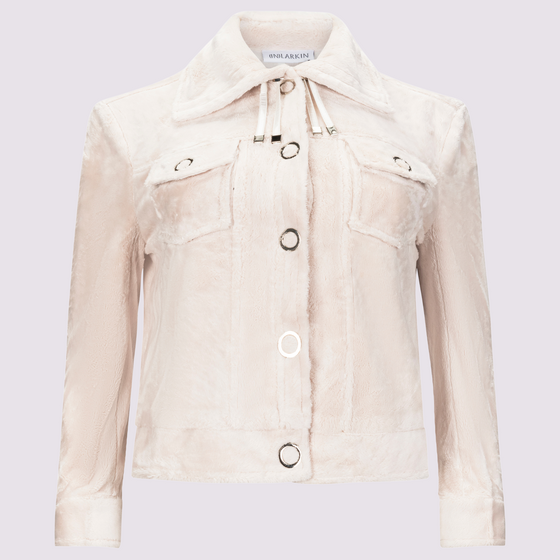 Lucy Jacket by inlarkin in vanilla with large signature punch snaps, sateen cord, drawstring collar and chest pockets, front view