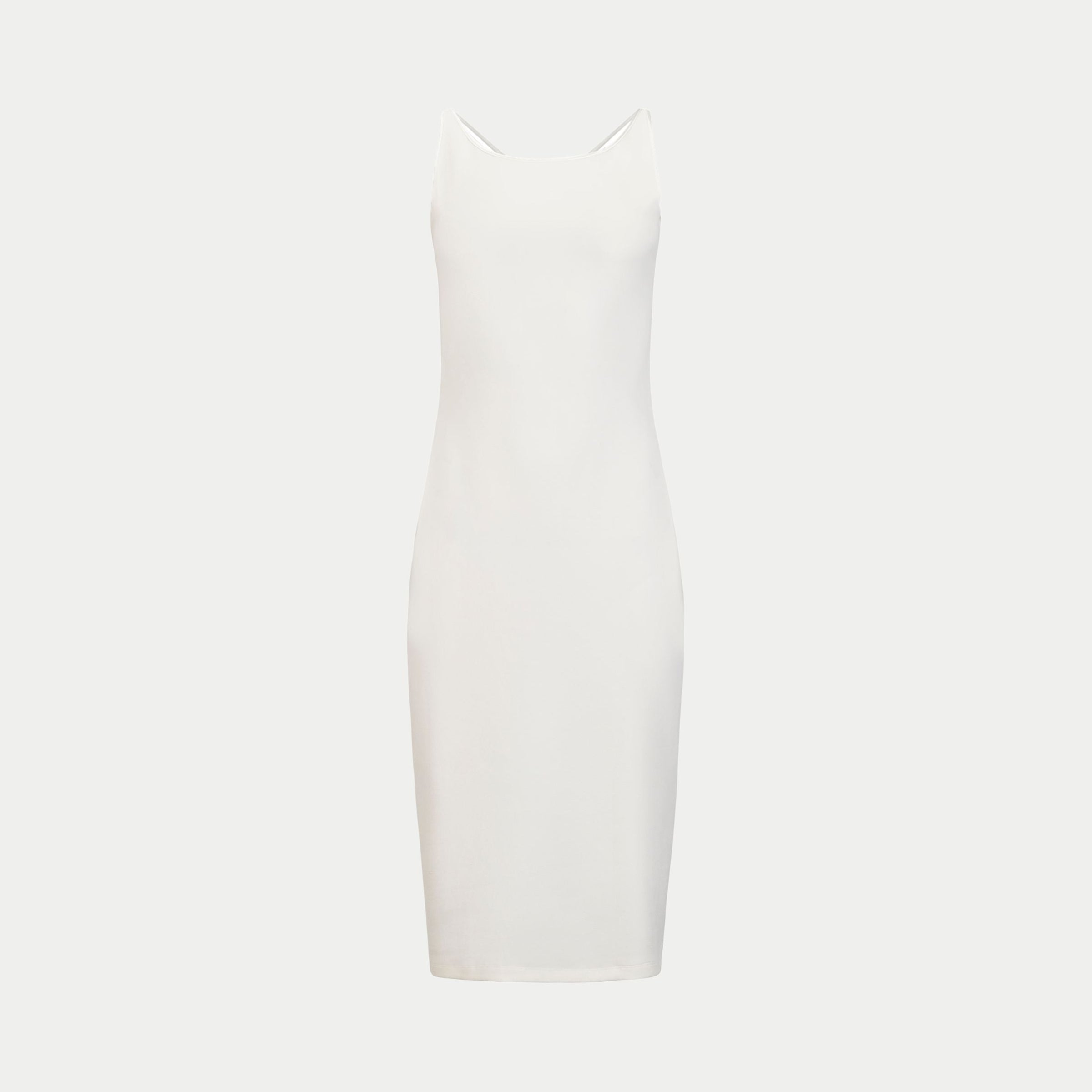 the mariposa dress in white by inlarkin front view showing the body fitting detail and neckline