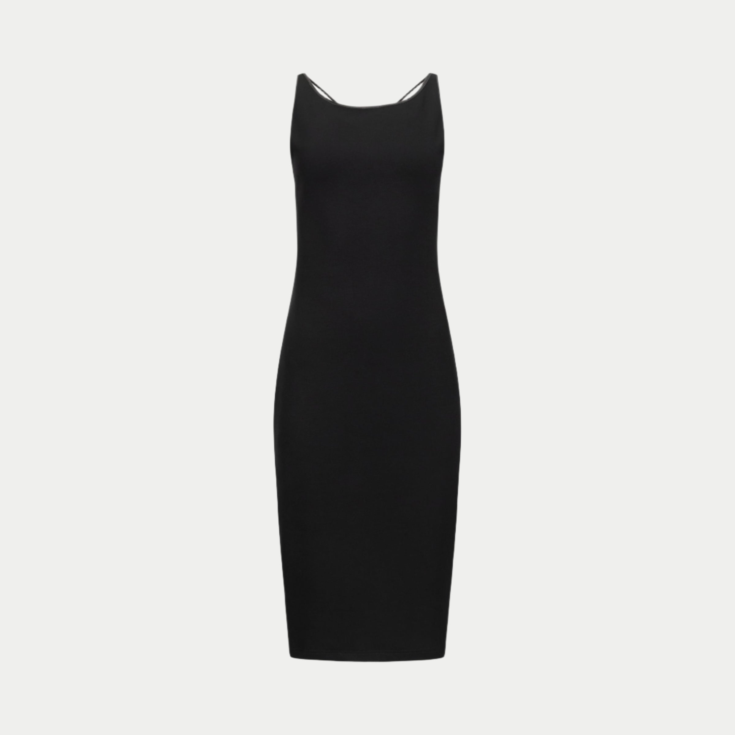 the mariposa dress in black by inlarkin front view showing the body fitting detail and neckline