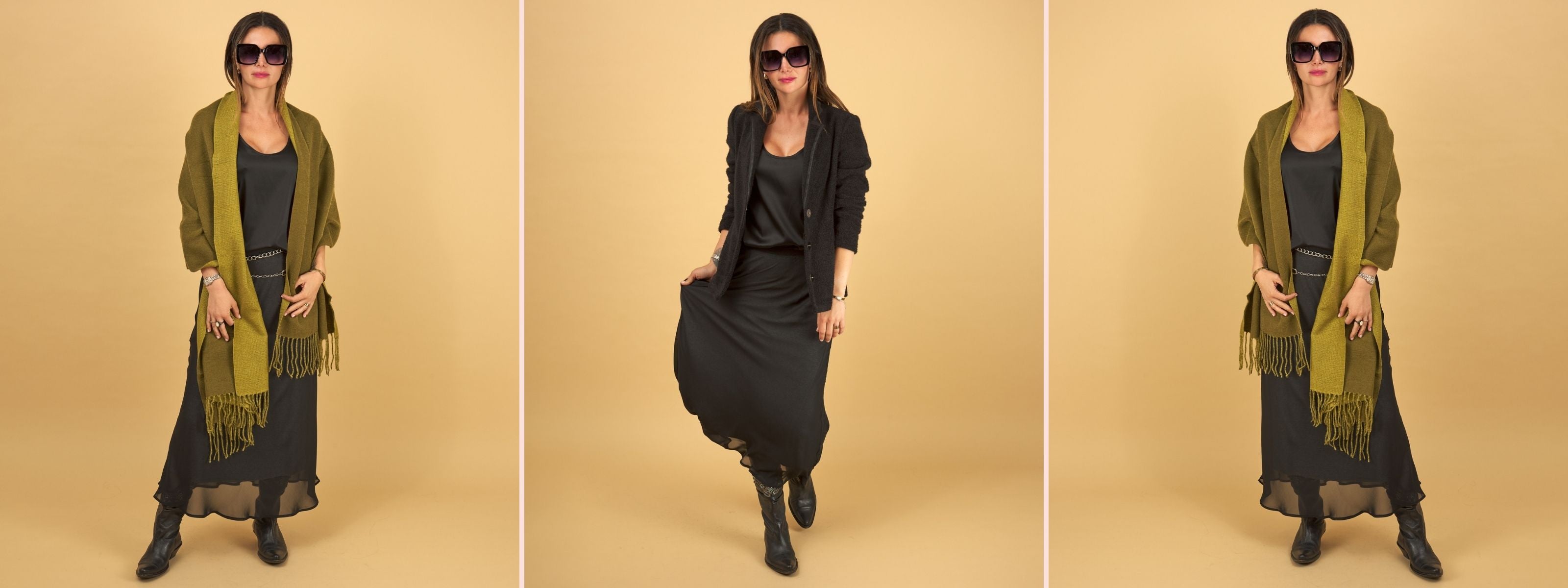 woman wearing the black slay skirt, decuir silk shell and austin blazer by inlarkin