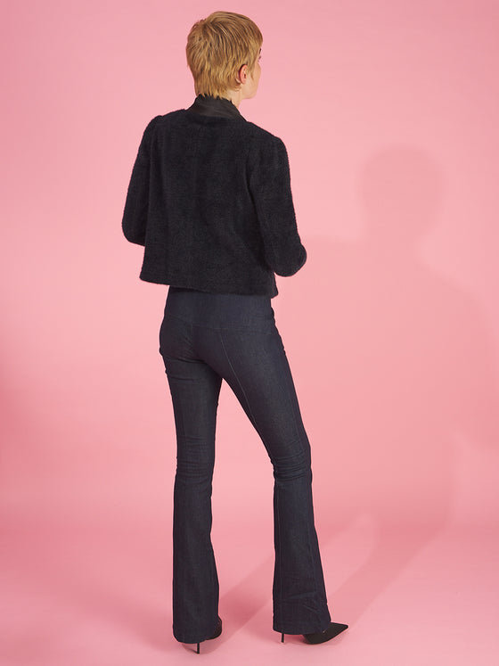 the oakley blazer by inlarkin in midnight back view featuring a chiffon raw edge inverted collar