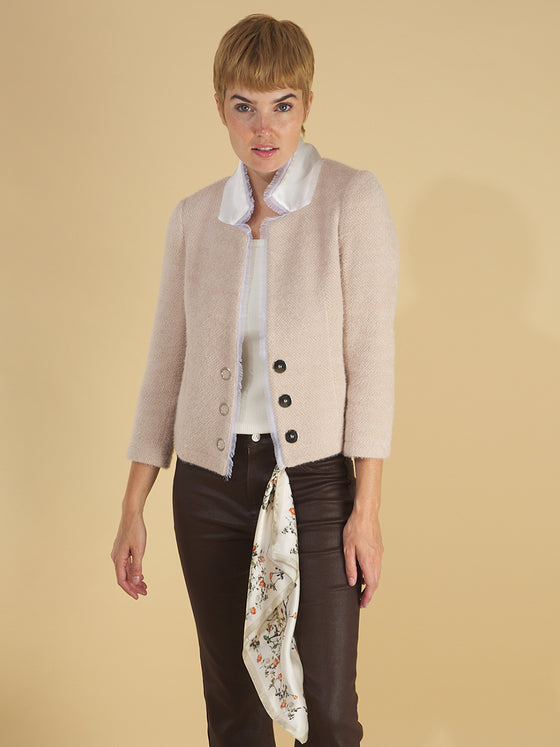 the oakley blazer by inlarkin in oat front view featuring a chiffon raw edge, inverted collar and signature large punch snaps