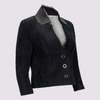 Oakley blazer in midnight by inlarkin showing the raw-edged chiffon detail, signature large punch snaps, contrast sateen under collar and silky linen lining, front angled detail view