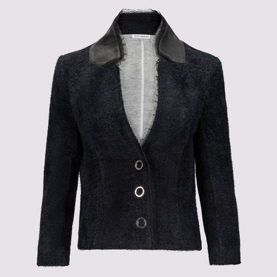 Oakley blazer in midnight by inlarkin showing the raw-edged chiffon detail, signature large punch snaps, contrast sateen under collar and silky linen lining, front view