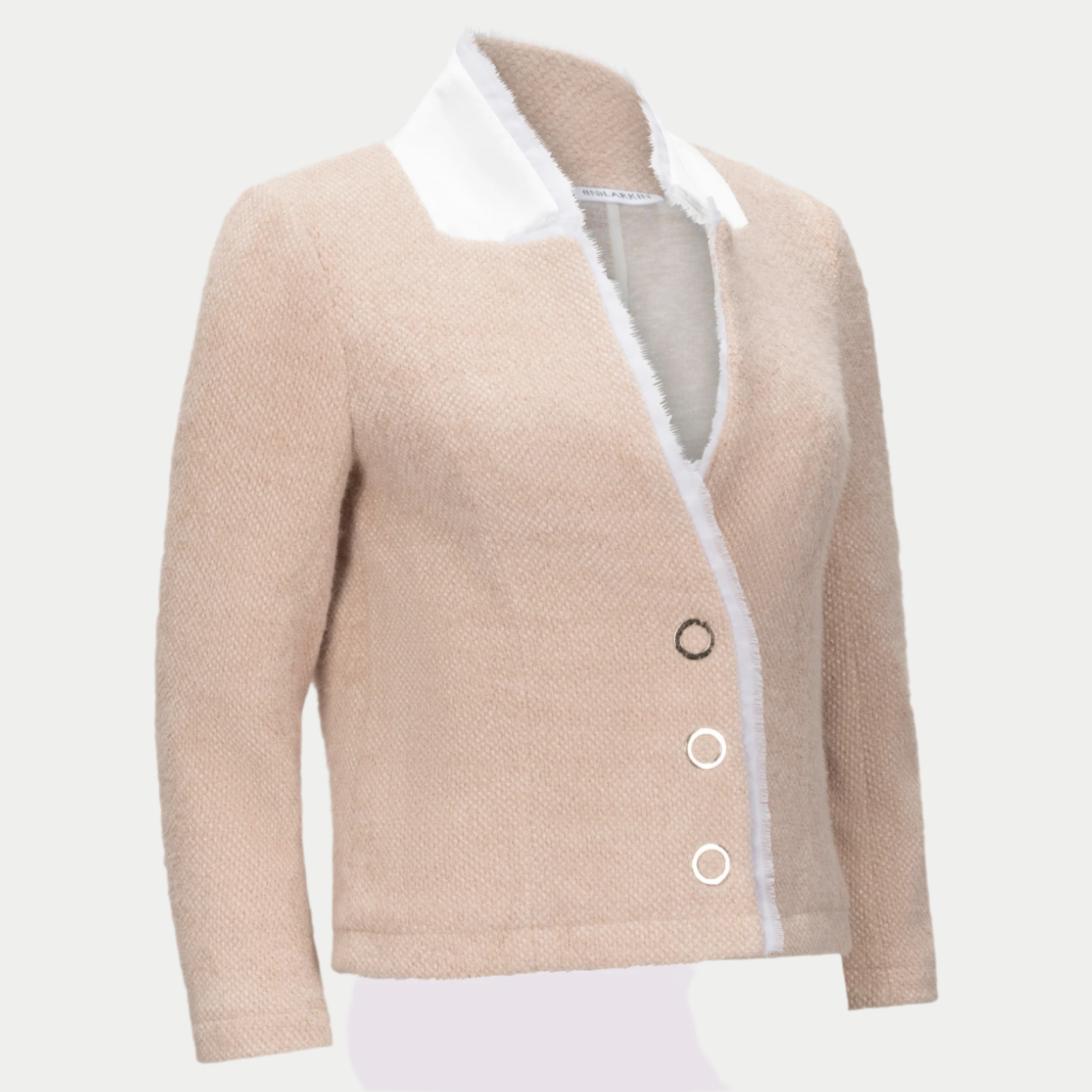 Oakley blazer in oat by inlarkin showing the raw-edged chiffon detail, signature large punch snaps, contrast sateen under collar and silky linen lining, front  angled detail view