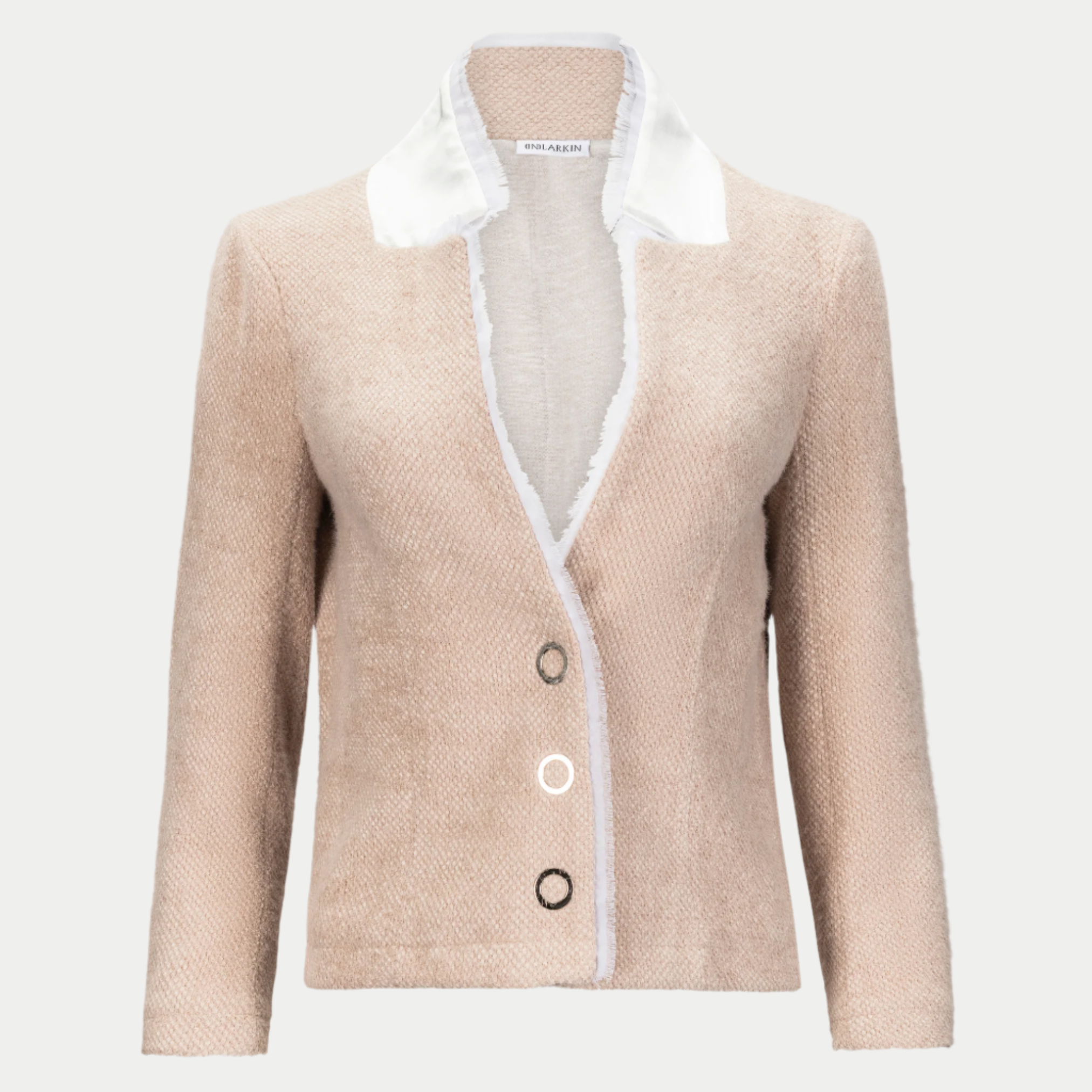 Oakley blazer in oat by inlarkin showing the raw-edged chiffon detail, signature large punch snaps, contrast sateen under collar and silky linen lining, front view