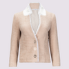 Oakley blazer in oat by inlarkin showing the raw-edged chiffon detail, signature large punch snaps, contrast sateen under collar and silky linen lining, front view