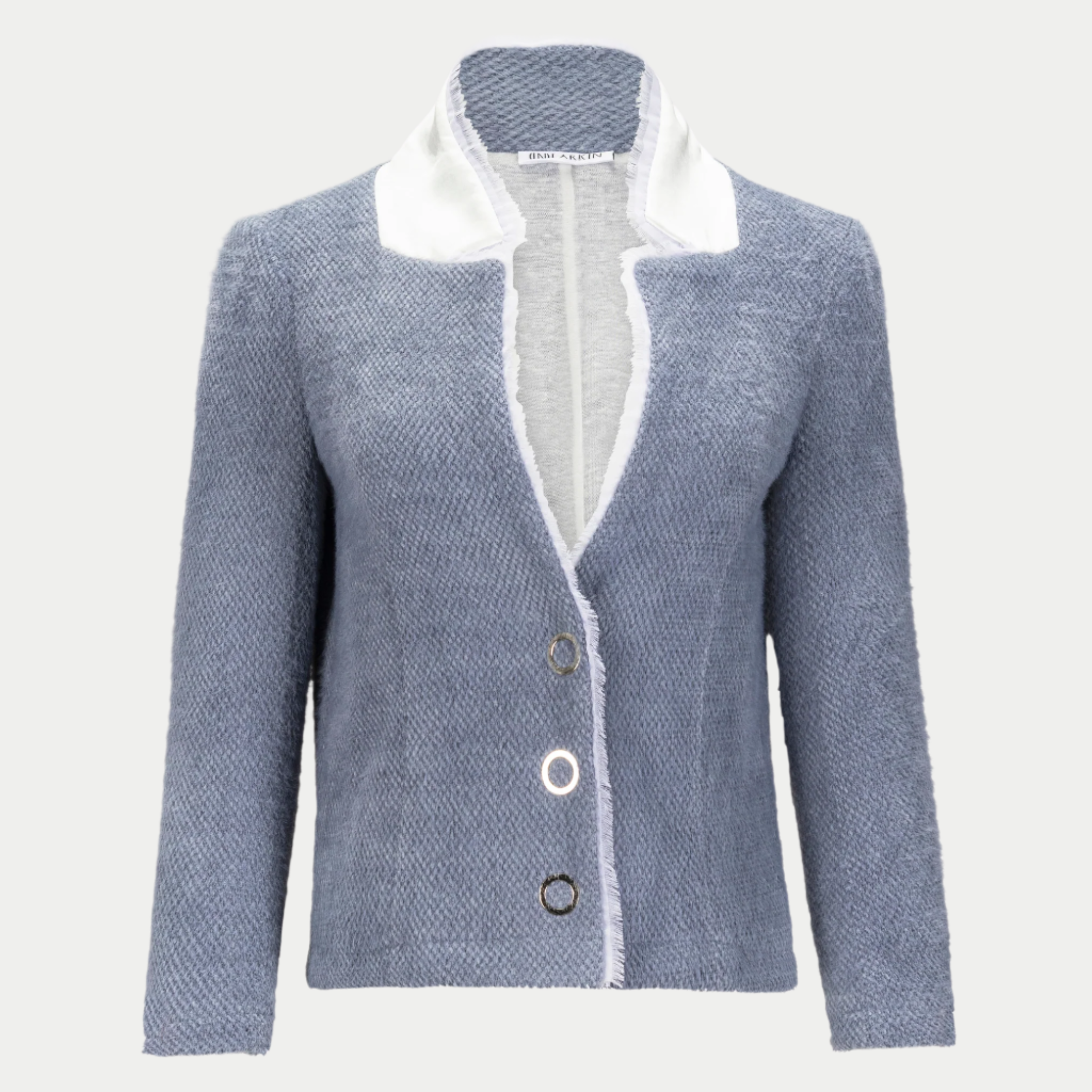 Oakley blazer in slate by inlarkin showing the raw-edged chiffon detail, signature large punch snaps, contrast sateen under collar and silky linen lining, front view