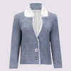 Oakley blazer in slate by inlarkin showing the raw-edged chiffon detail, signature large punch snaps, contrast sateen under collar and silky linen lining, front view