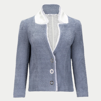 Oakley blazer in slate by inlarkin showing the raw-edged chiffon detail, signature large punch snaps, contrast sateen under collar and silky linen lining, front view