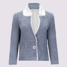  Oakley blazer in slate by inlarkin showing the raw-edged chiffon detail, signature large punch snaps, contrast sateen under collar and silky linen lining, front view