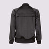 back view of the olivia beauty bomber jacket in black showing the fabric sheen and back vent detail