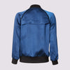 back view of the olivia beauty bomber jacket in navy showing the fabric sheen and back vent detail