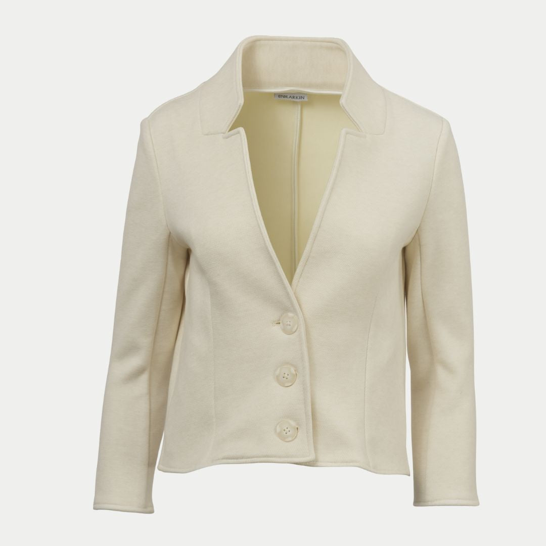 off white colored blazer front view by inlarkin on an off white background