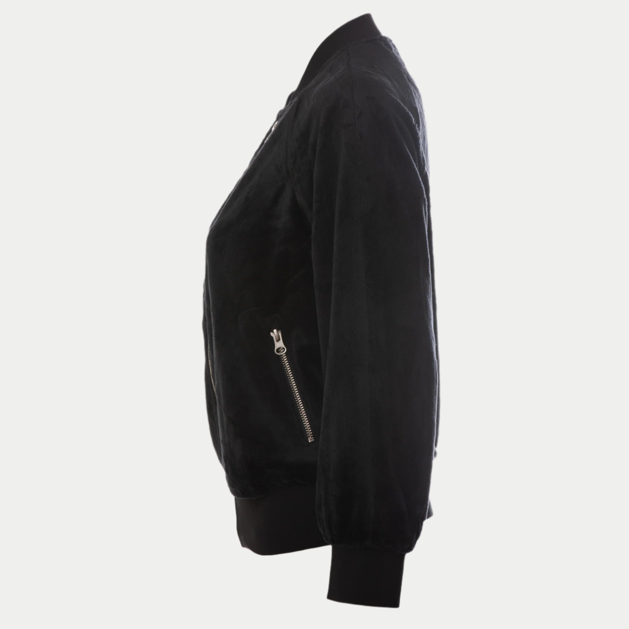 paris beauty bomber in black side view by inlarkin showing the faux fur and pocket zipper detail