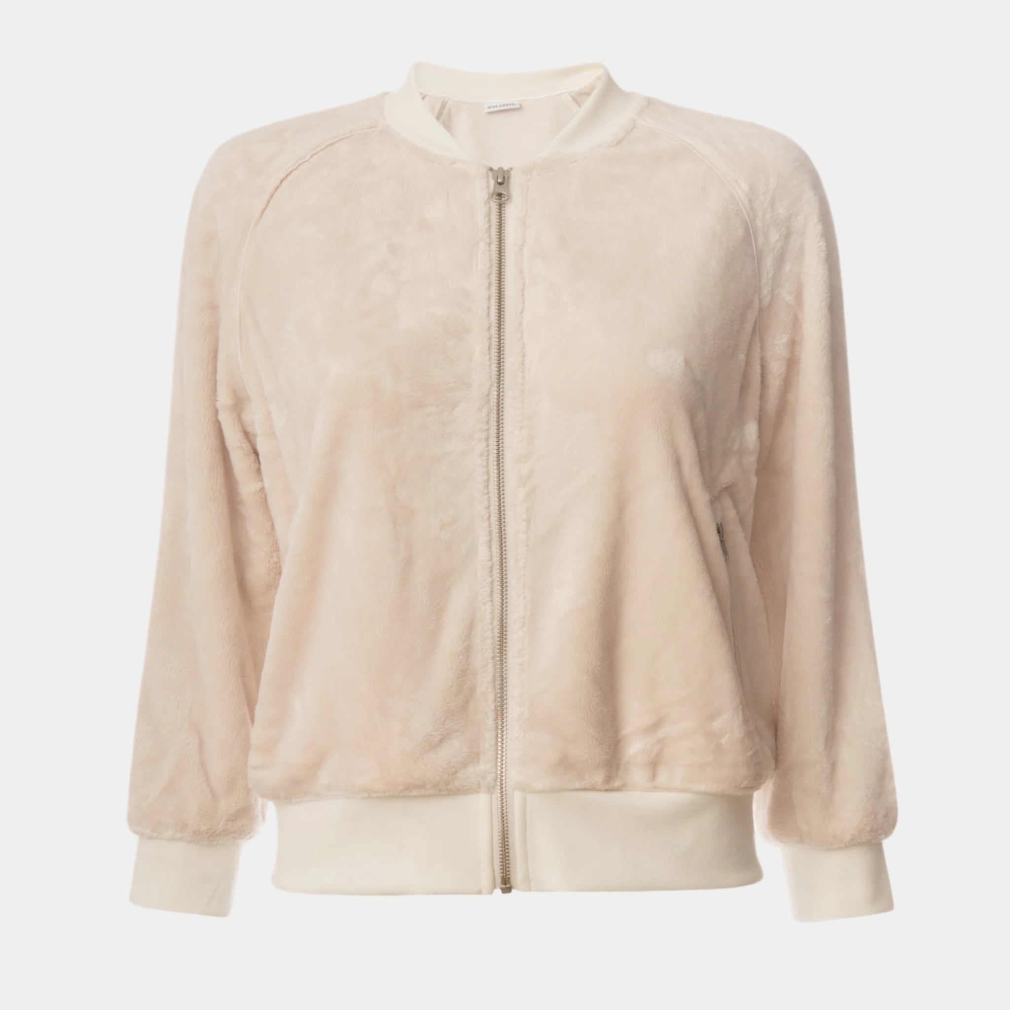 paris beauty bomber in cream by inlarkin with faux fur fabric, bracelet sleeves, and pockets