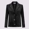 Pearl blazer by inlarkin in black with large signature punch snaps, contrast sateen under collar, on seam pockets and silky linen blend lining