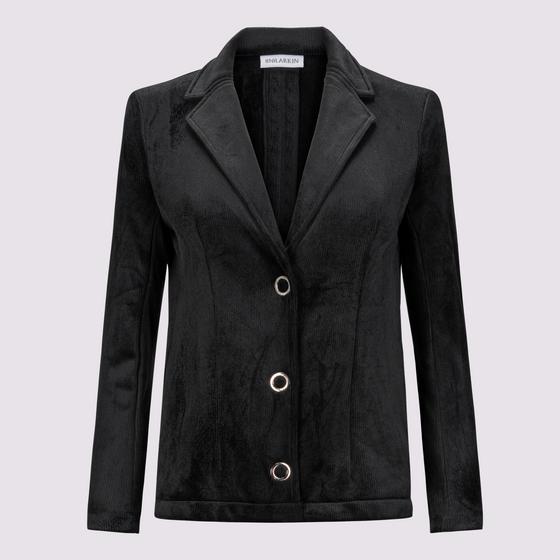 Pearl blazer by inlarkin in black with large signature punch snaps, contrast sateen under collar, on seam pockets and silky linen blend lining