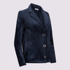 Pearl blazer by inlarkin in ink with large signature punch snaps, contrast sateen under collar, on seam pockets and silky linen blend lining, front angled detail view