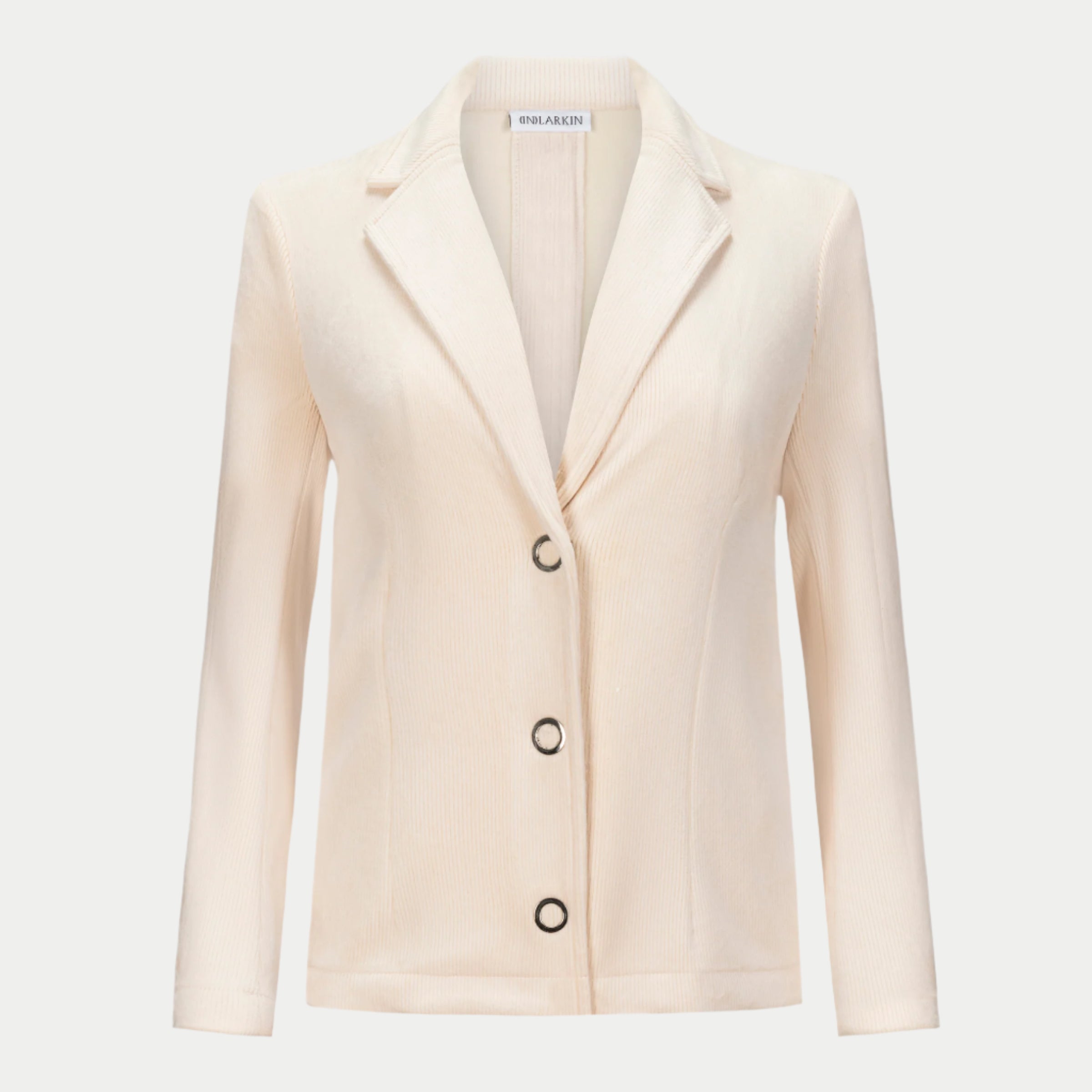 Pearl blazer by inlarkin in ivory with large signature punch snaps, contrast sateen under collar, on seam pockets and silky linen blend lining