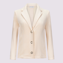  Pearl blazer by inlarkin in ivory with large signature punch snaps, contrast sateen under collar, on seam pockets and silky linen blend lining