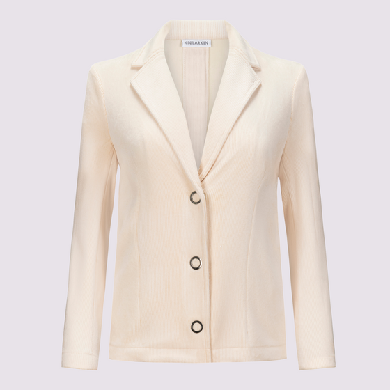 Pearl blazer by inlarkin in ivory with large signature punch snaps, contrast sateen under collar, on seam pockets and silky linen blend lining