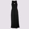 front view of the royal tuck dress in black by inlarkin showing the v-neck and tuck detail in the front defining the chest and the bra shelf