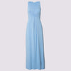 front view of the royal tuck dress in sky blue by inlarkin showing the v-neck and tuck detail in the front defining the chest and the bra shelf