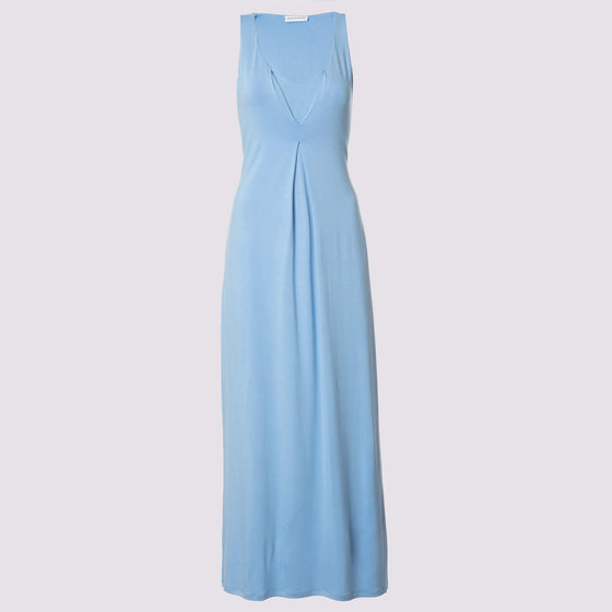 front view of the royal tuck dress in sky blue by inlarkin showing the v-neck and tuck detail in the front defining the chest and the bra shelf