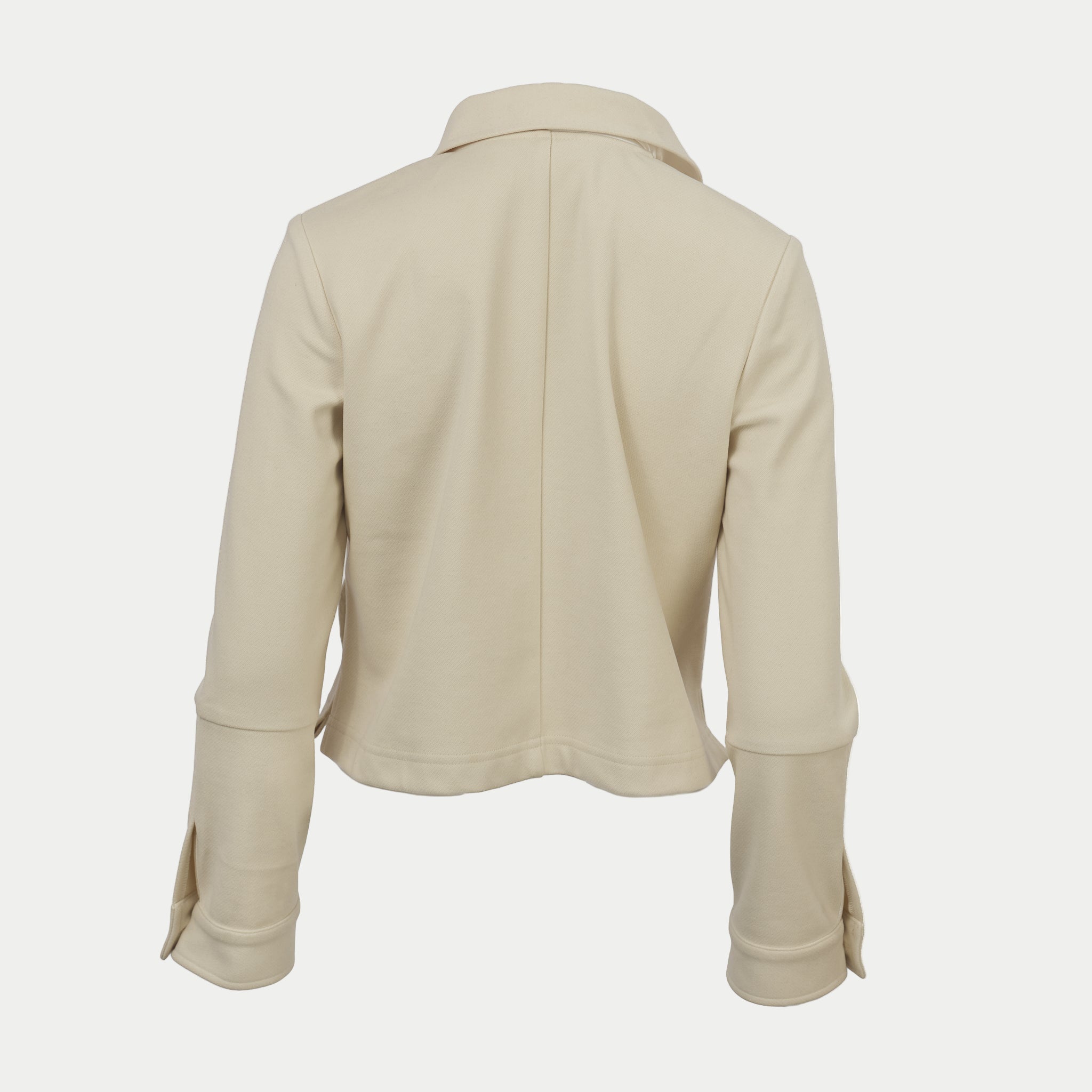 Oak colored shaket crop jacket back view by inlarkin on an off-white background