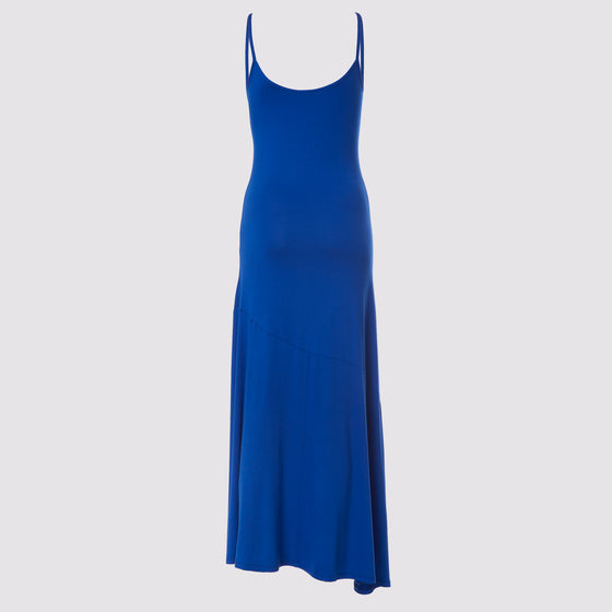 back full view the sharyn dress in cobalt blue by inlarkin showing the form fit, flared skirt, ankle length and thin tank straps