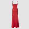 back full view of the sharyn dress in red by inlarkin showing the form fit, flared skirt, ankle length and thin tank straps