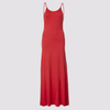 front full view of the sharyn dress in red by inlarkin showing the form fit, flared skirt, ankle length and thin tank straps