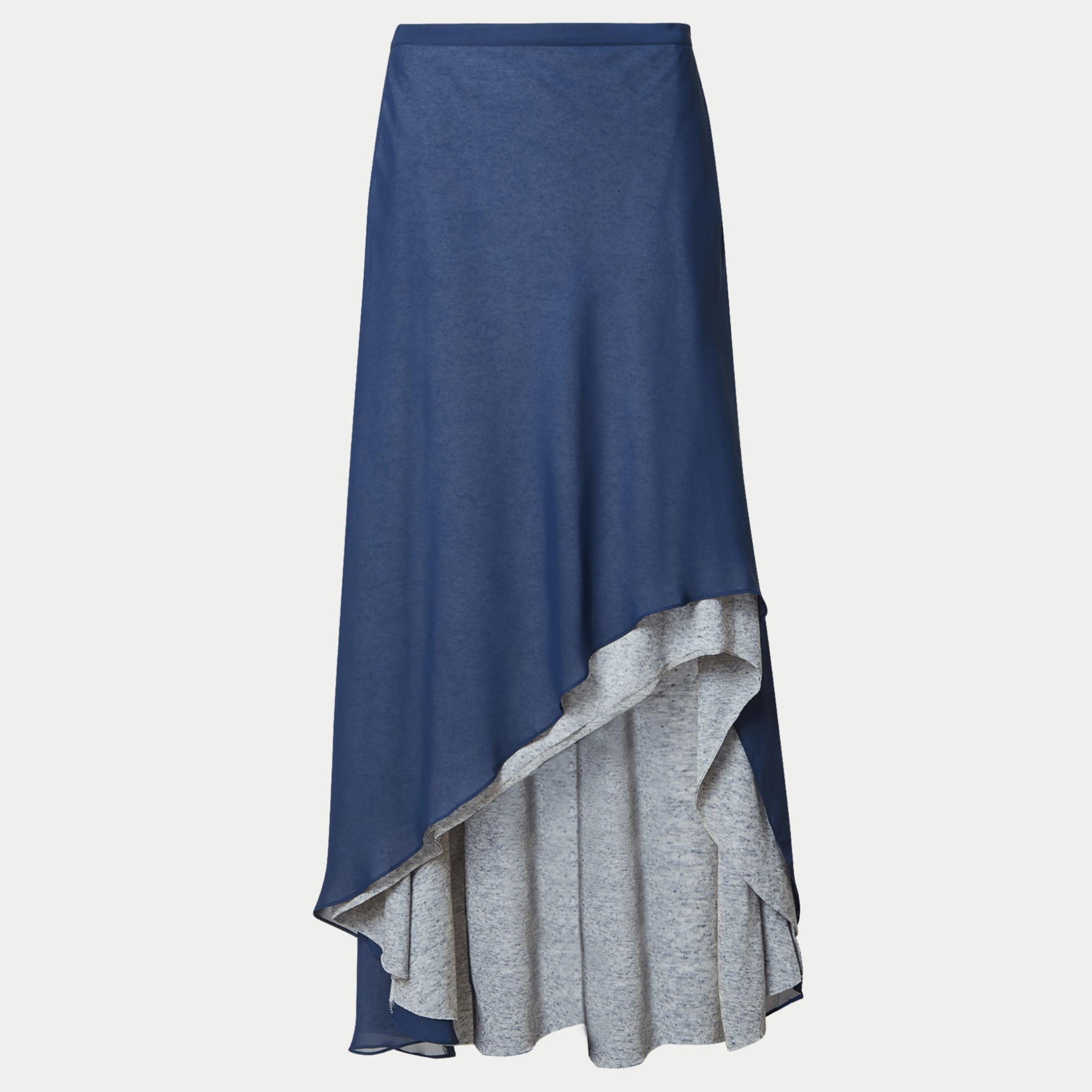 The shay skirt in navy by inlarkin featuring a double layer asymmetrical silo hem
