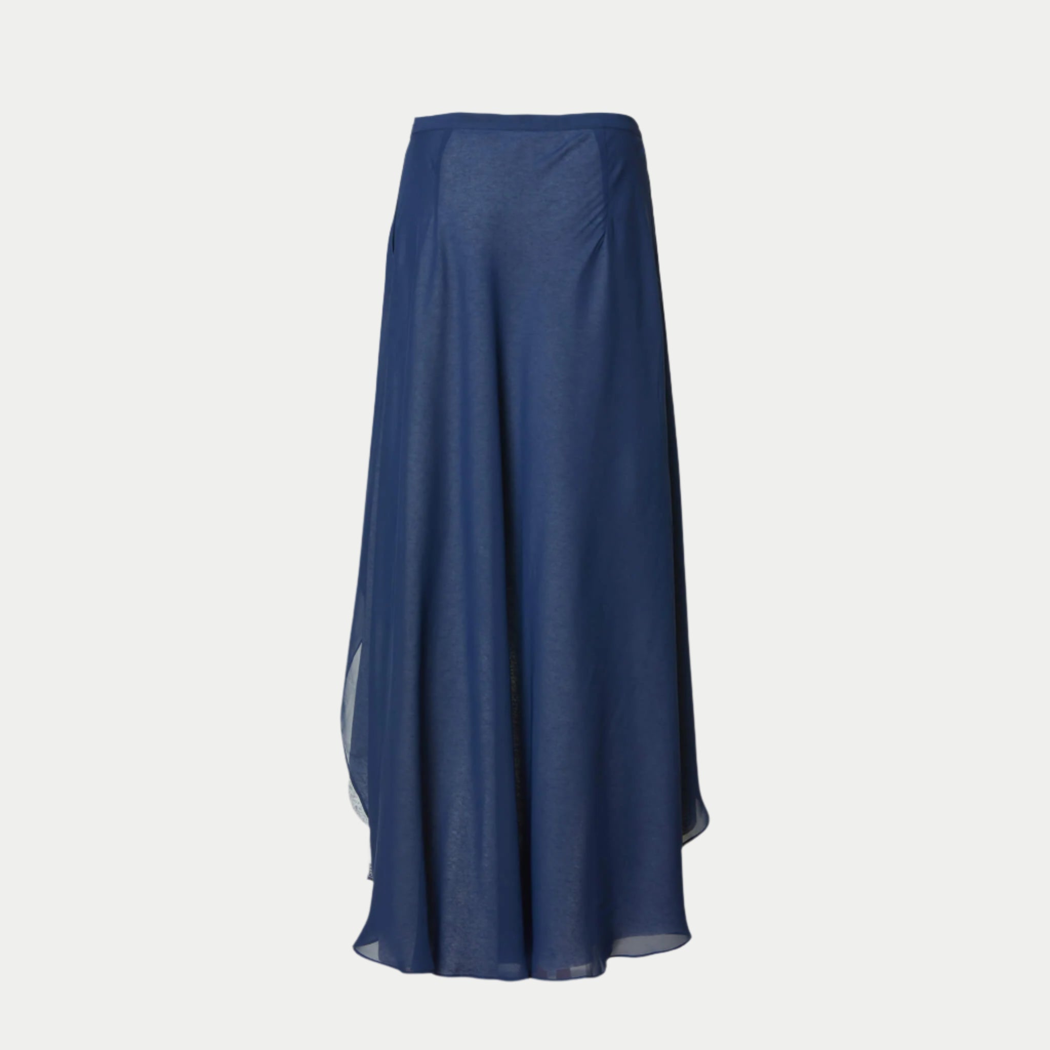 The shay skirt in navy by inlarkin featuring a double layer asymmetrical silo hem