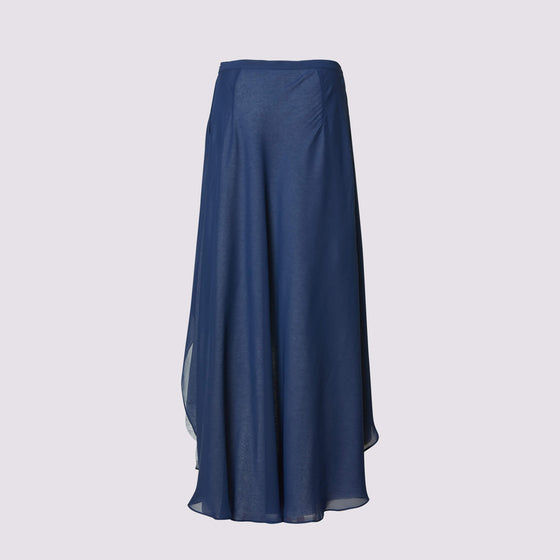 The shay skirt in navy by inlarkin featuring a double layer asymmetrical silo hem