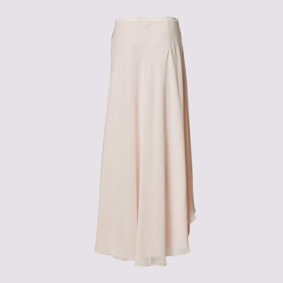 The shay skirt in pink by inlarkin featuring a double layer asymmetrical silo hem