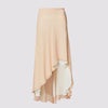 The shay skirt in coral by inlarkin featuring a double layer asymmetrical silo hem